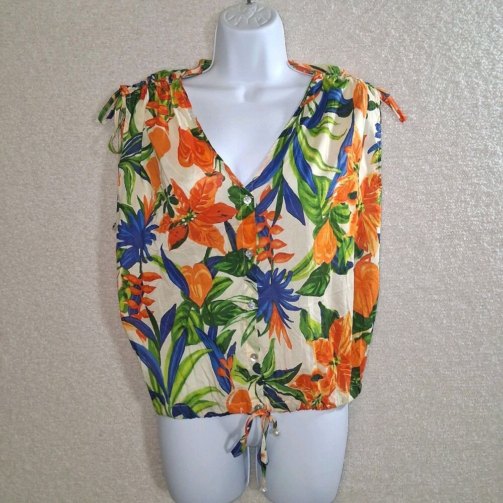 100 % Cotton Top Sz M Pearl Tropical Botanical Hawaiian Vacation Beach Resort